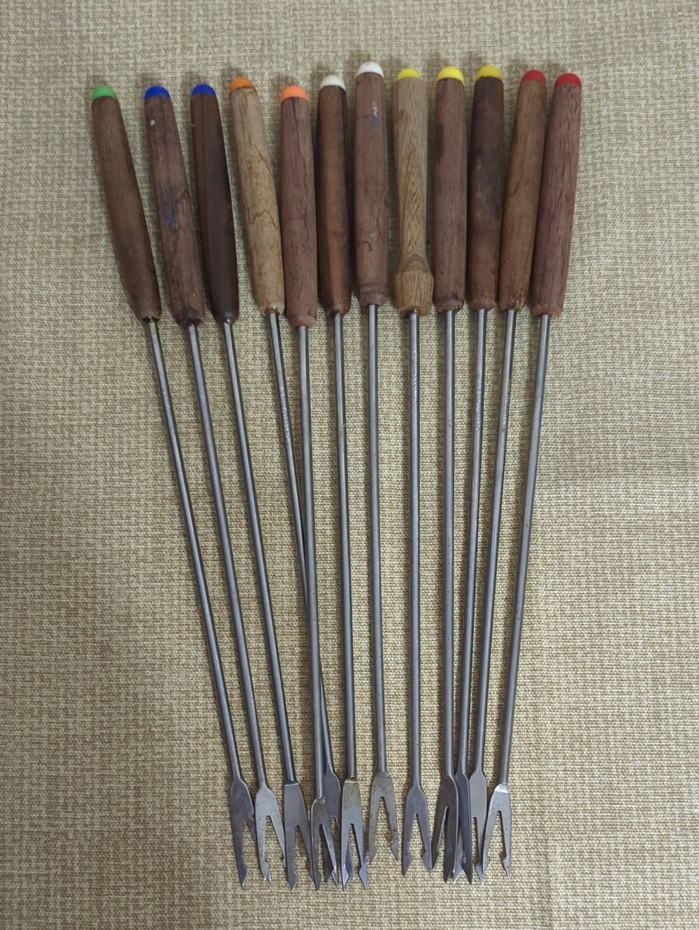 Wood-Handle Fondue Fork Set in Mixed Tip Colors 12 Color Coded
